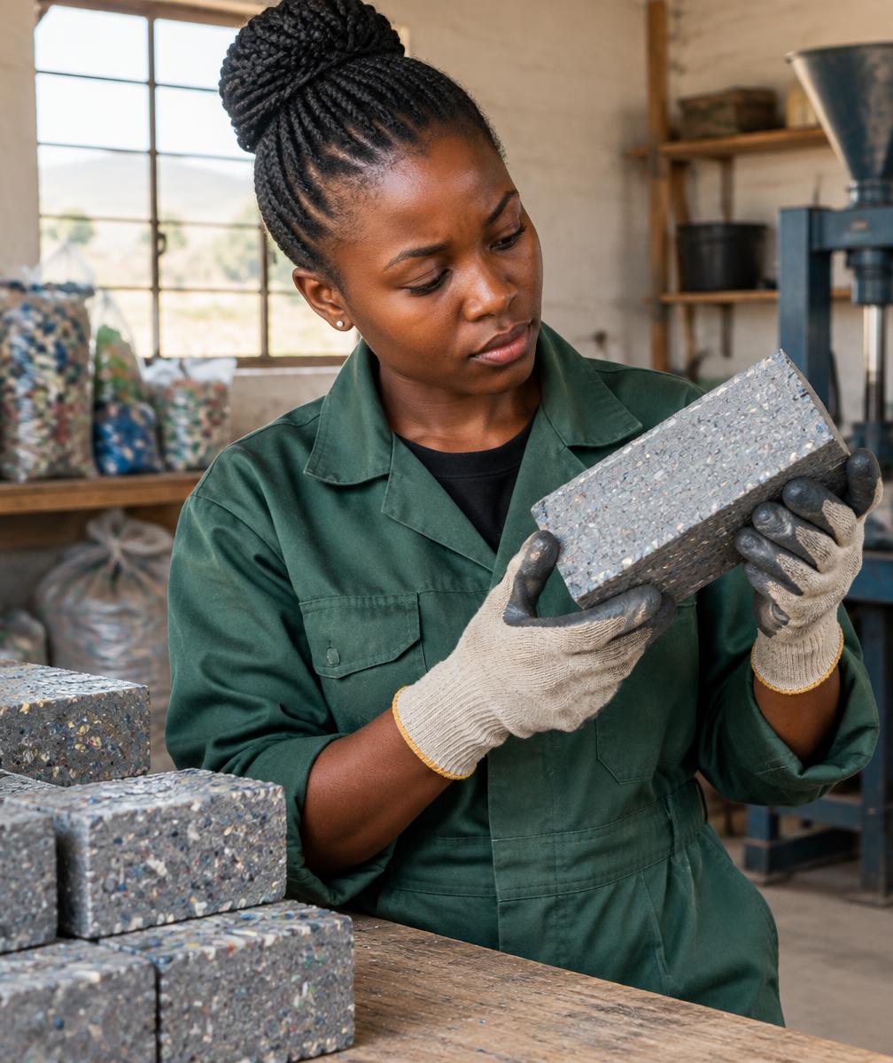 Woman in green overalls inspecting a recycled-plastic brick