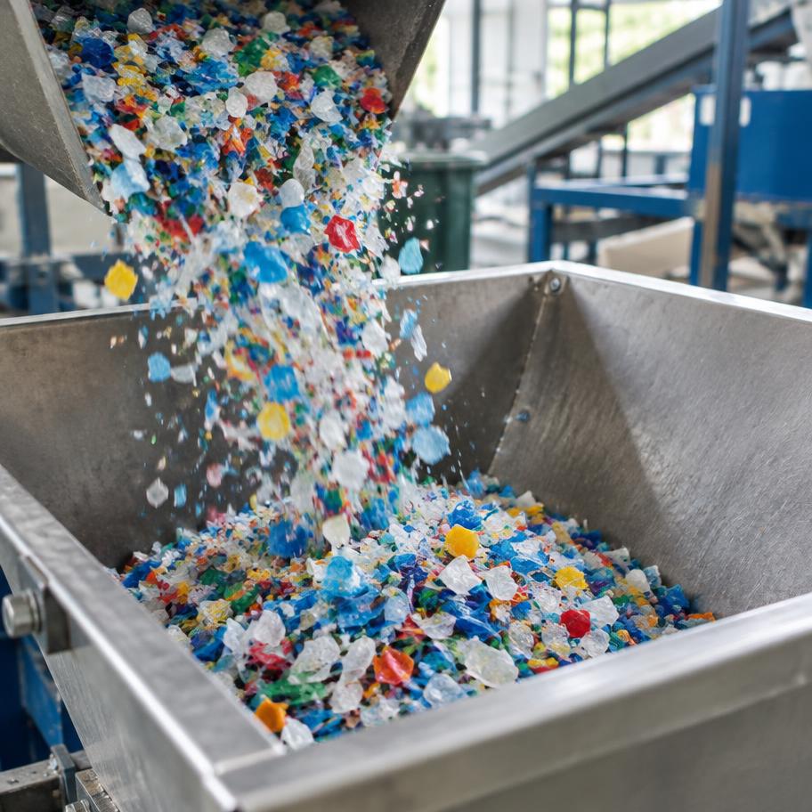 Shredded plastic flakes being poured into a hopper